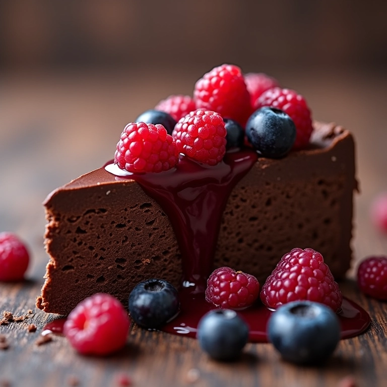 Pudim com calda de frutas vermelhas.