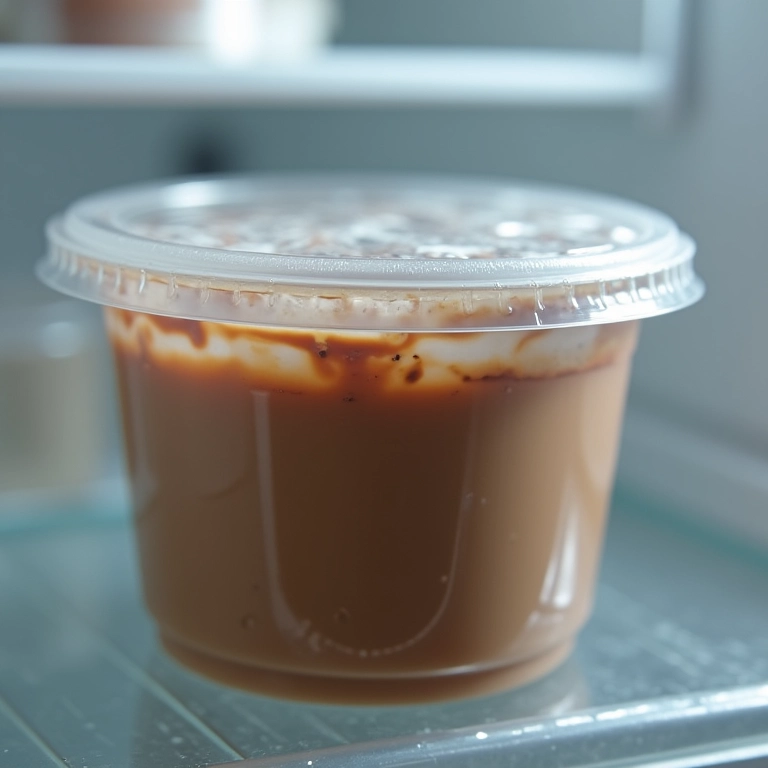 Pudim de café armazenado na geladeira.