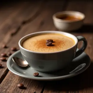 Pudim de café cremoso com grãos de café e xícara ao lado.