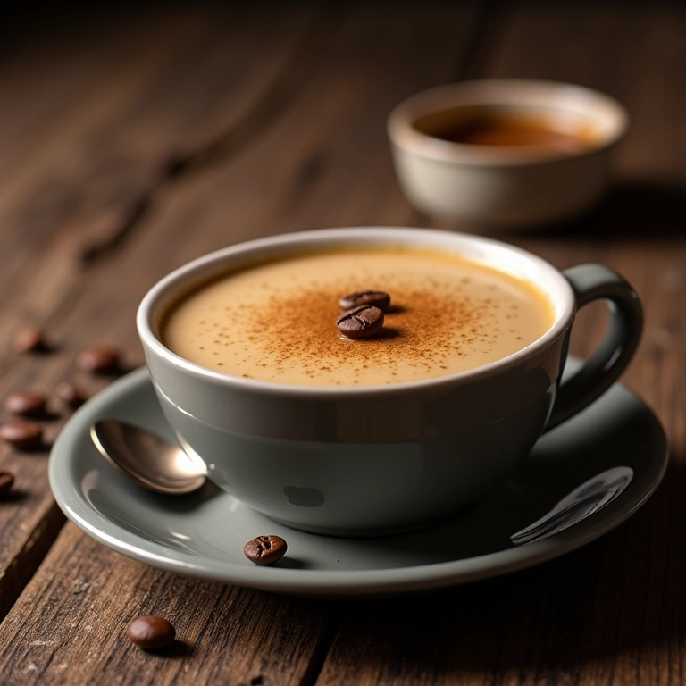 Pudim de Café Cremoso e Saboroso Para Amantes De Café Pudim de café cremoso com grãos de café e xícara ao lado.
