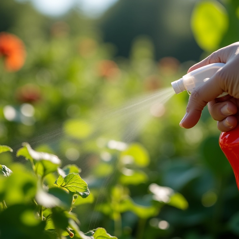 Pulverizando inseticida natural caseiro em plantas.