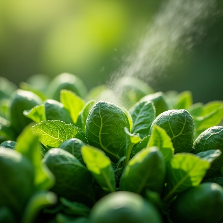 Pulverizando pesticida orgânico na couve de bruxelas.