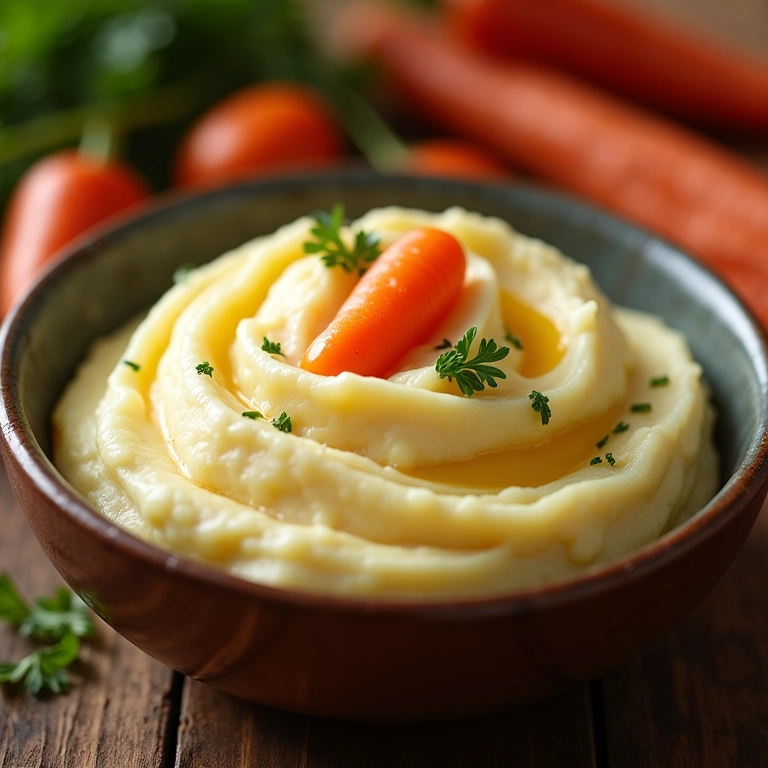 Purê cremoso de batata com cenoura em tigela rústica.