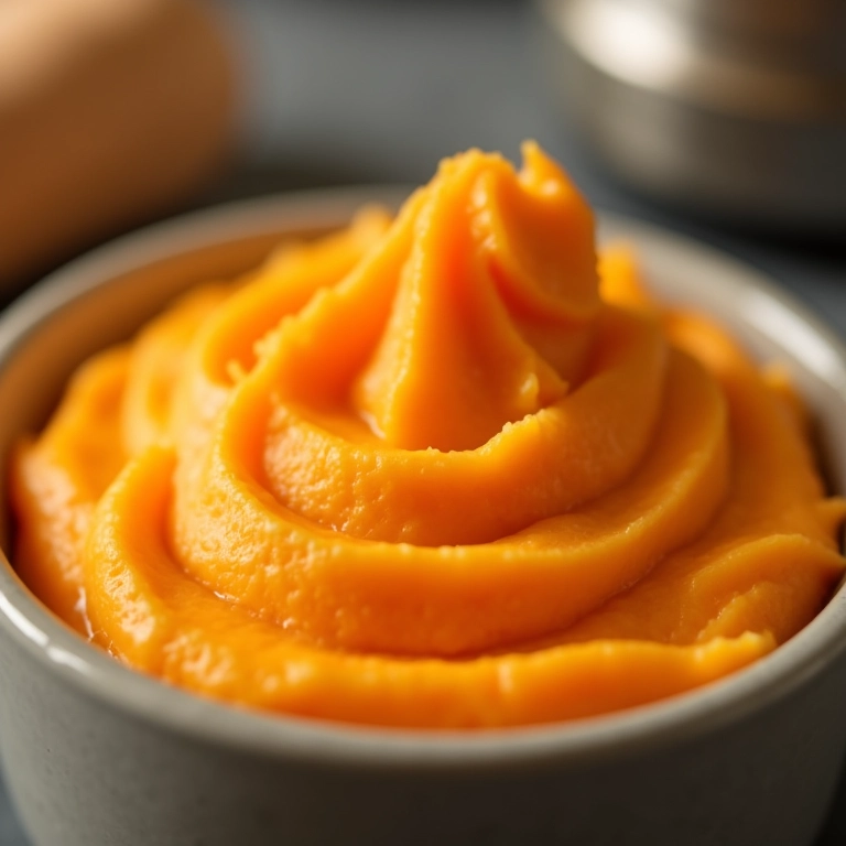 Purê de batata doce cremoso em tigela.