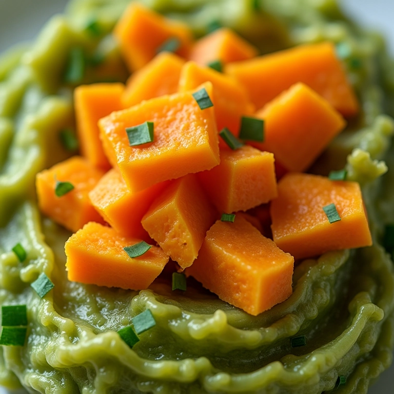 Purê de couve de Bruxelas com batata doce e gengibre, textura suave.