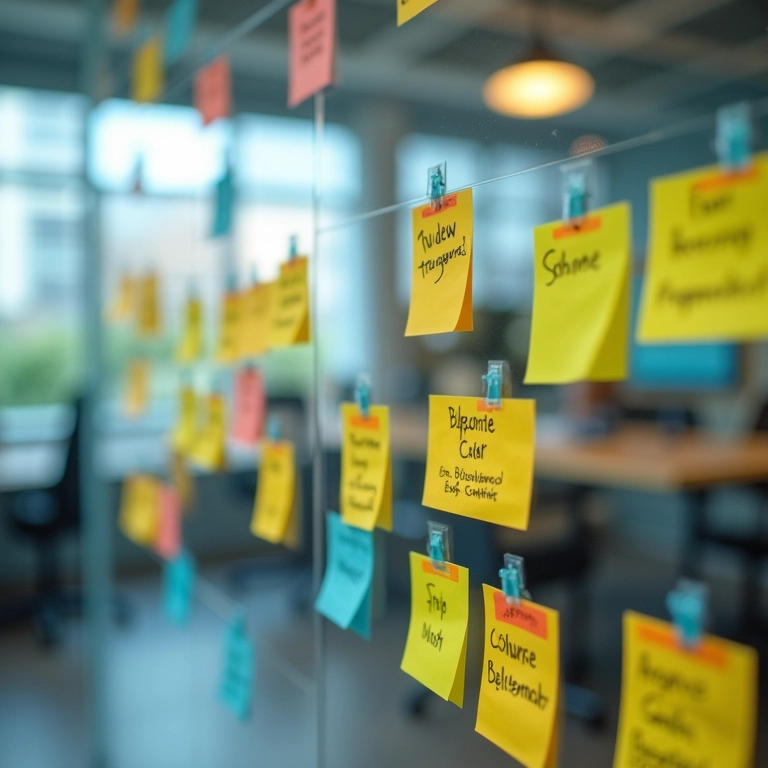 Quadro Scrum transparente detalhado com post-its coloridos.