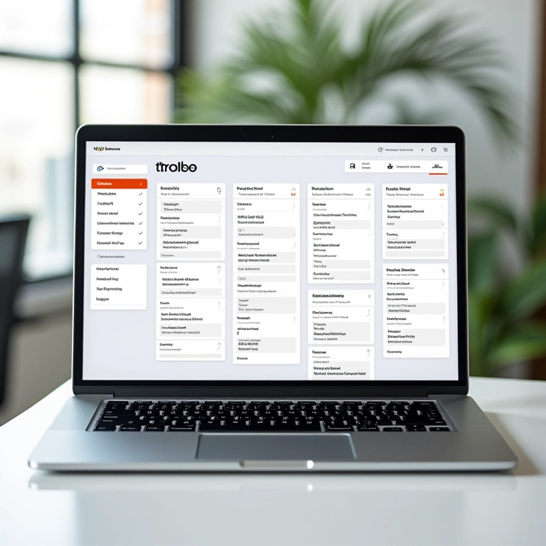 Quadro Trello em uma tela de laptop, tarefas organizadas visualmente.