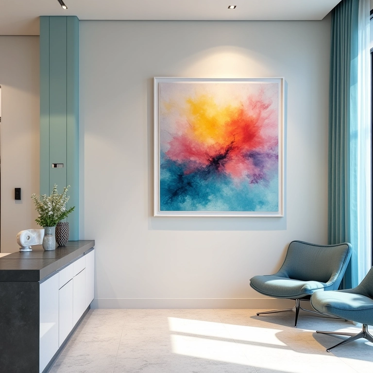Quadros abstratos em consultório médico.
