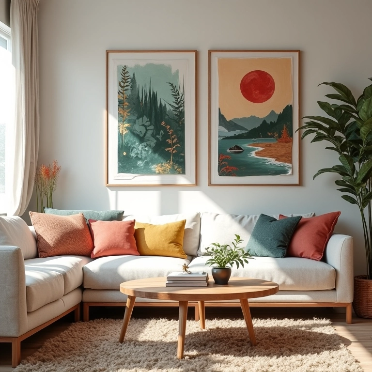 Quadros com cores e temas coordenados na decoração da sala.