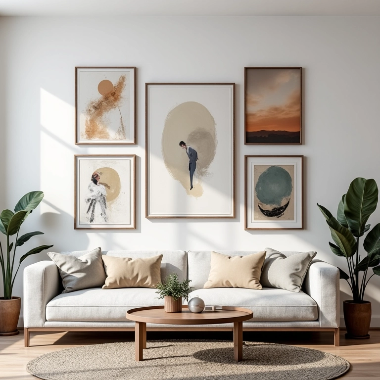 Quadros com molduras diferentes combinados na sala.