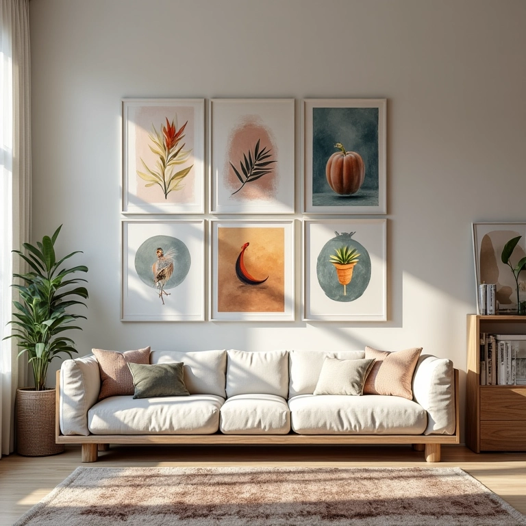 Quadros com temas diferentes na mesma parede da sala.