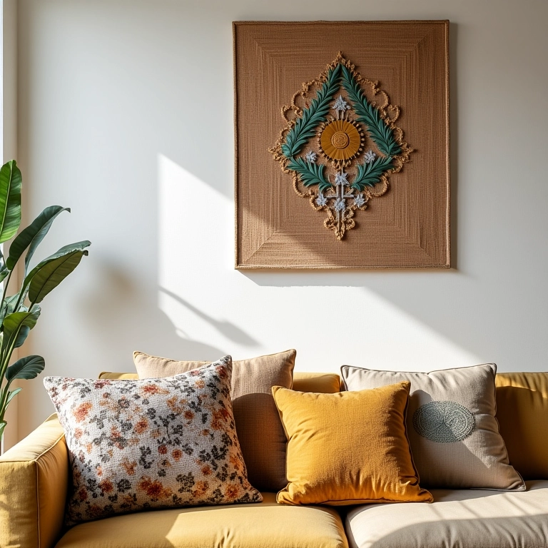 Quadros e almofadas bordadas na decoração da sala.