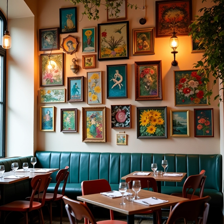 Quadros e espelhos decorando as paredes de um bistrô charmoso.