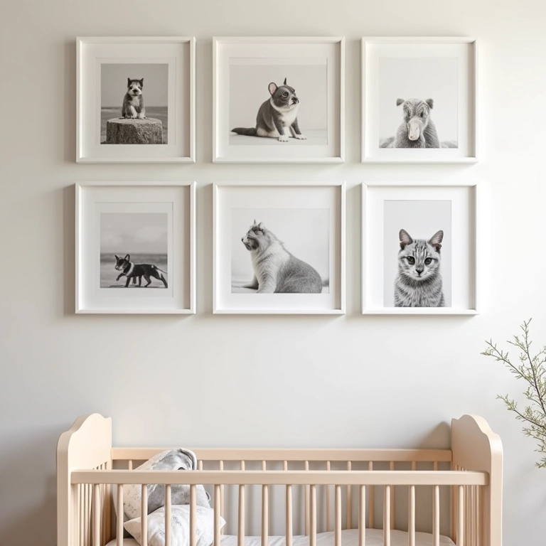 Quadros e fotos personalizadas em quarto de bebê neutro.