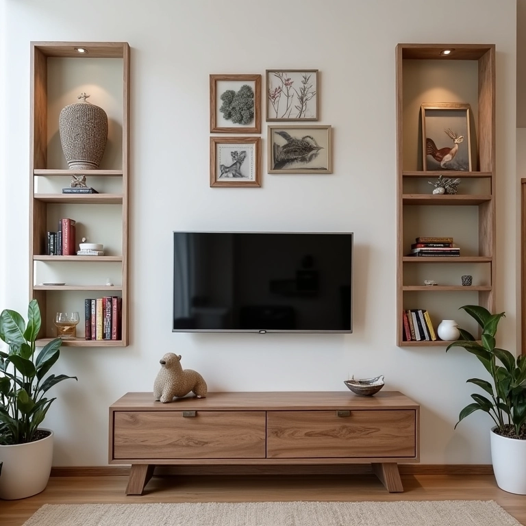 Quadros e nichos adicionando personalidade em uma sala de TV pequena.