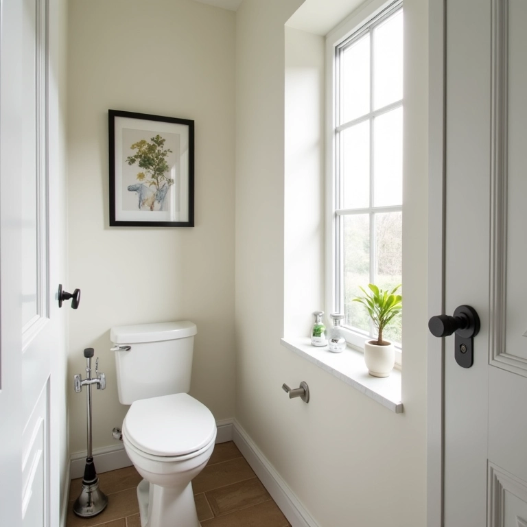 Quadros e objetos de arte decorando o lavabo.