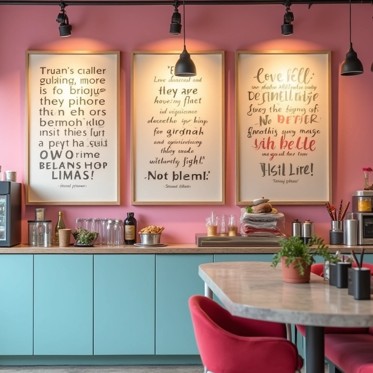 Quadros e pôsteres com frases inspiradoras decorando uma sorveteria.