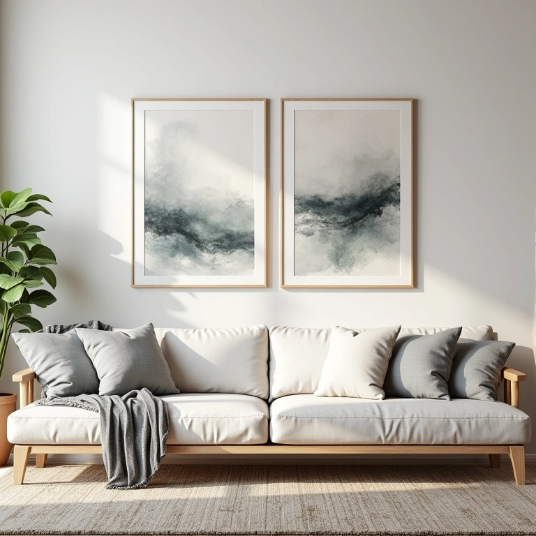 Quadros pendurados na altura ideal em sala de estar.