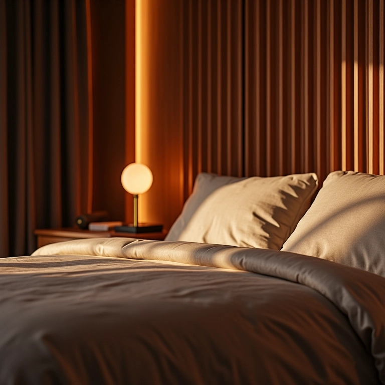 Quarto aconchegante com cabeceira de ripado de madeira.