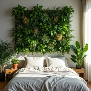 Quarto aconchegante com jardim vertical vibrante na parede.