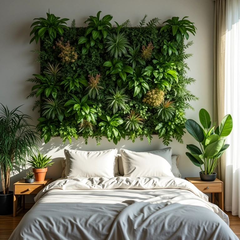 Jardim Vertical Para Quarto Um Toque De Natureza No Seu Refúgio Quarto aconchegante com jardim vertical vibrante na parede.