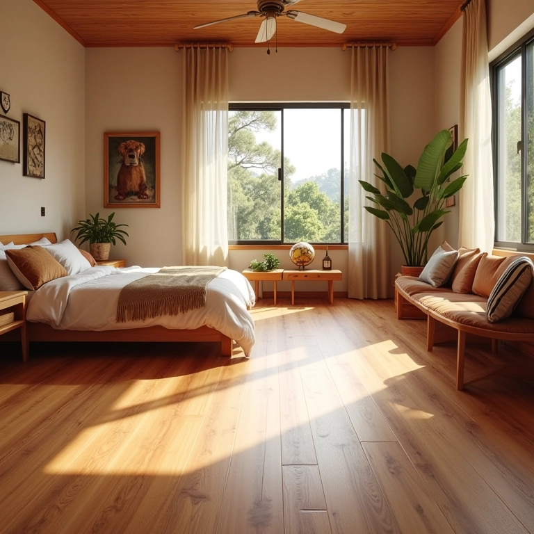 Quarto aconchegante com piso laminado amadeirado e iluminação suave.