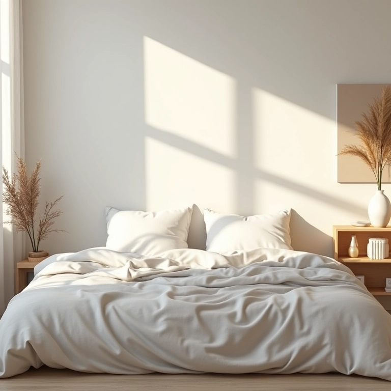 Quarto calmo com decoração simples, iluminação natural e cobertores macios.