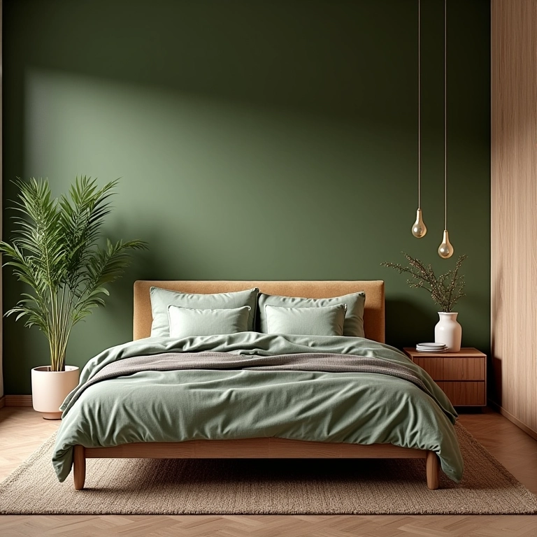 Quarto com cores da natureza e design biofílico.
