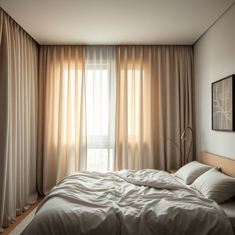 Quarto com cortina blackout neutra, parcialmente aberta.