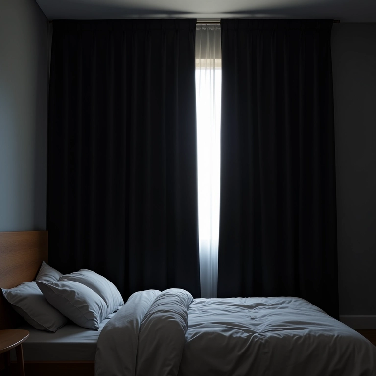 Quarto com cortinas blackout proporcionando escuridão total.