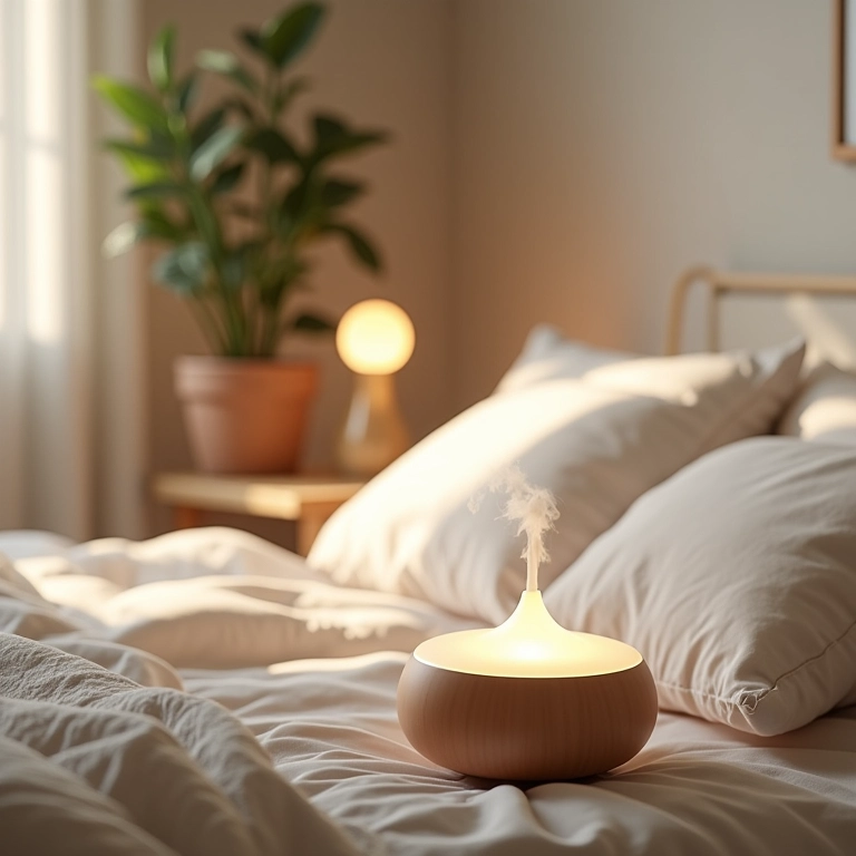 Quarto com difusor de aromaterapia, iluminação suave e texturas naturais.