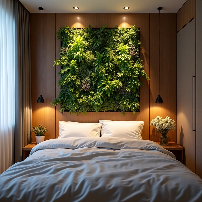 Quarto com jardim vertical promovendo melhor qualidade do sono.