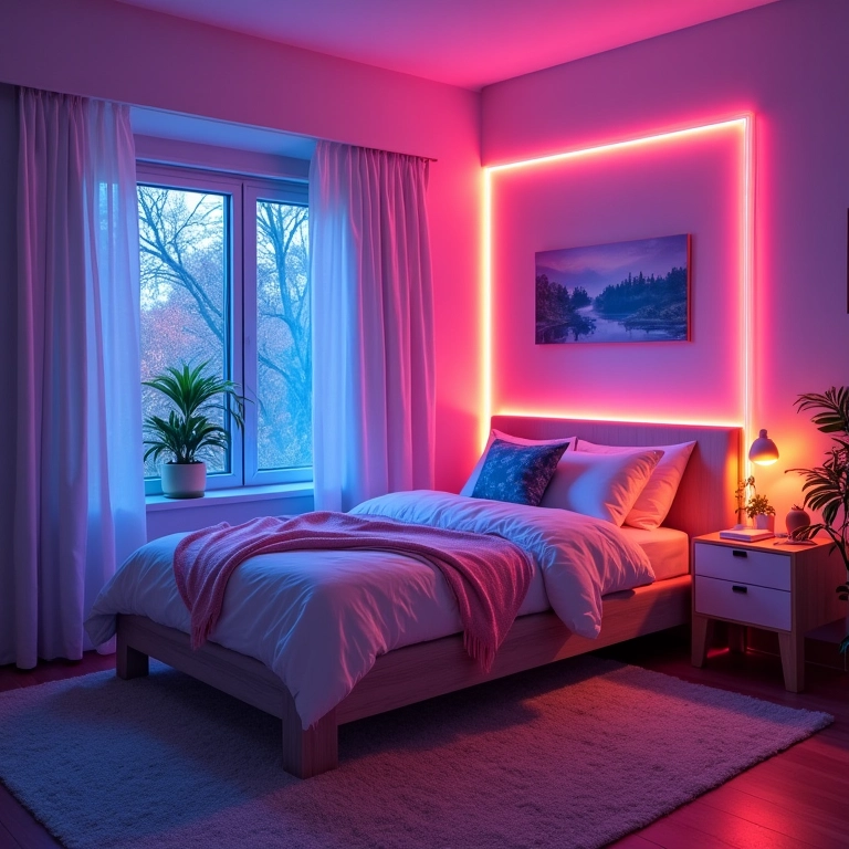 Quarto com luzes coloridas e atmosfera divertida.