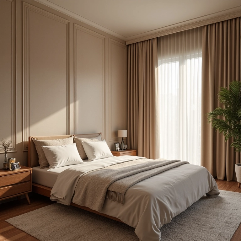 Quarto com painéis de isolamento acústico e cortinas grossas, criando um ambiente tranquilo.