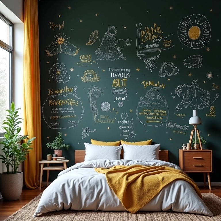 Quarto com parede de lousa com desenhos lúdicos e mensagens motivacionais.