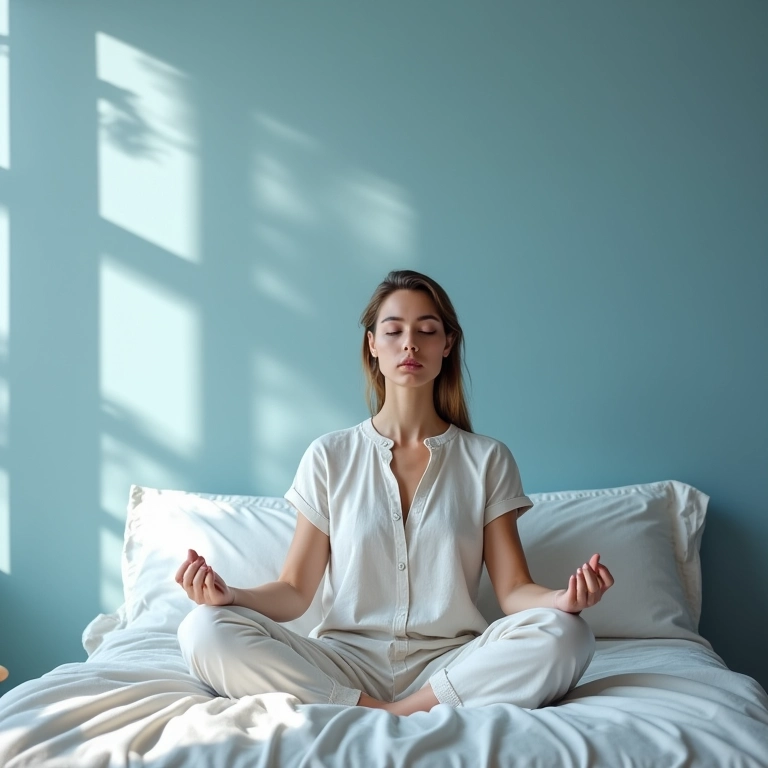 Quarto com paredes azuis suaves, roupa de cama de linho e luz natural difusa.