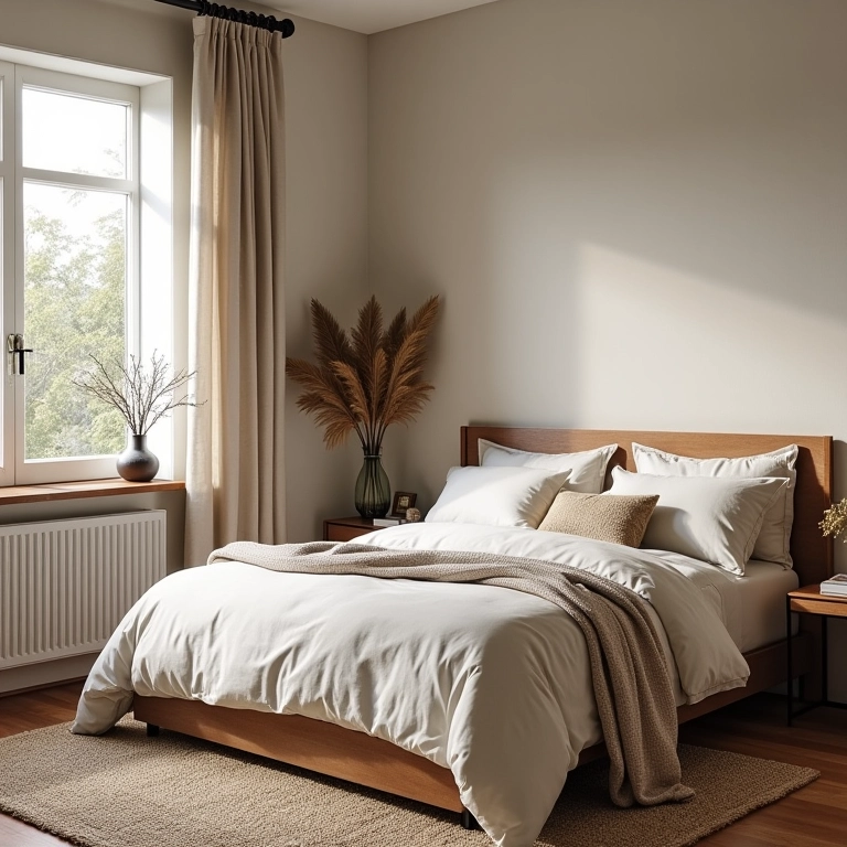 Quarto com texturas tecidas, linho e detalhes em madeira com luz natural.