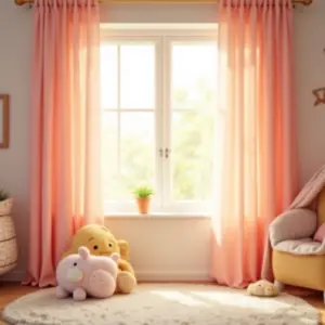 Quarto de bebê aconchegante com cortinas em tons pastel e luz suave.