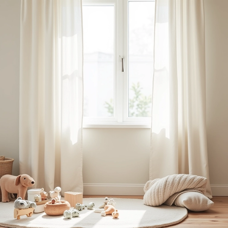 Quarto de bebê neutro com cores claras e texturas suaves.