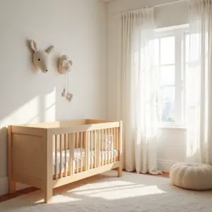 Quarto de bebê neutro com decoração minimalista e aconchegante.