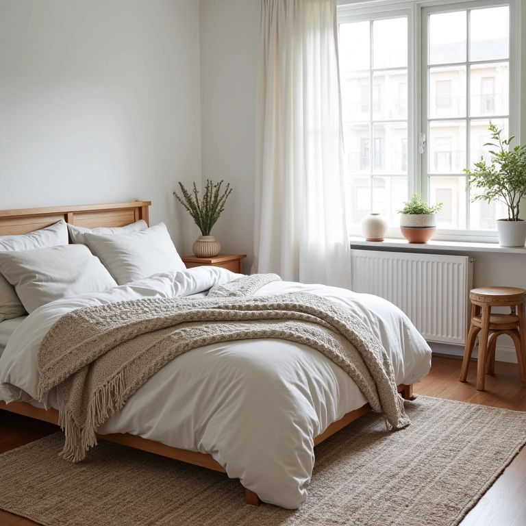 Quarto de casa de campo com texturas naturais em tapetes, almofadas e mantas.