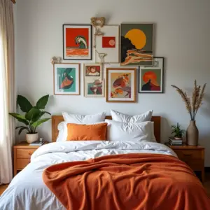 Quarto de casal aconchegante com parede de galeria colorida e decoração brasileira.