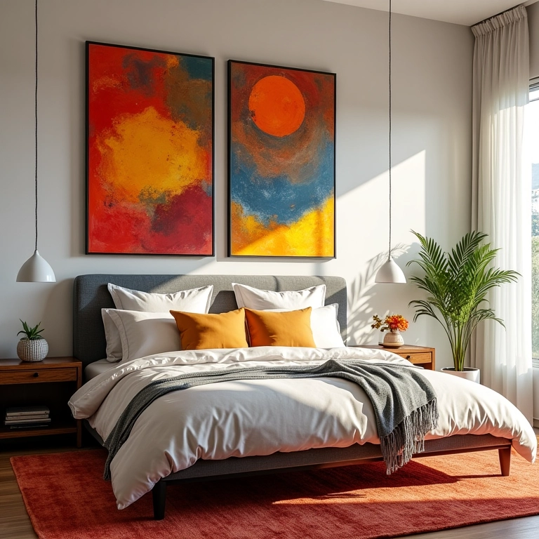 Quarto de casal com quadros abstratos coloridos e decoração vibrante.