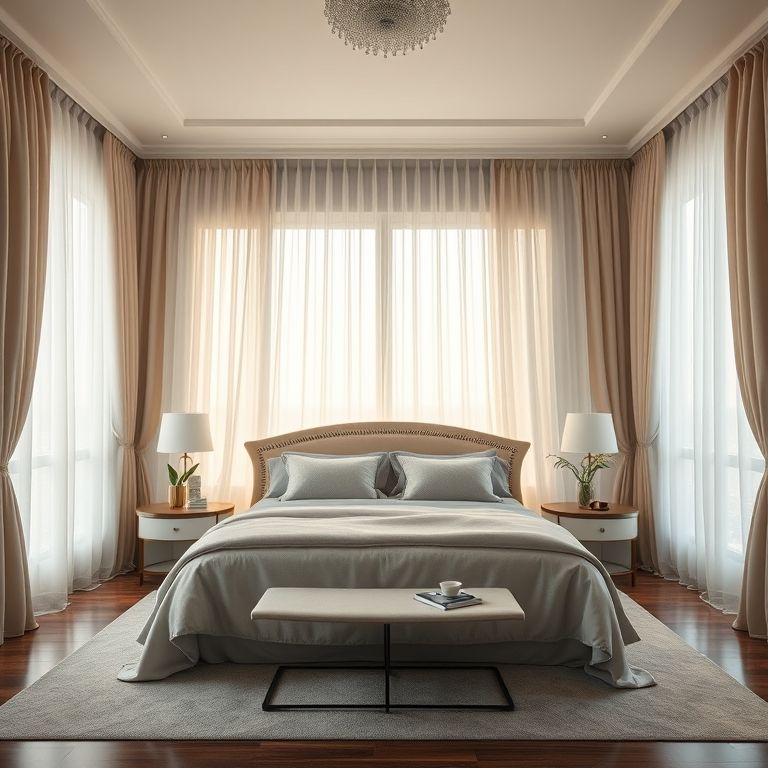 Quarto de casal elegante com cortinas românticas e translúcidas.