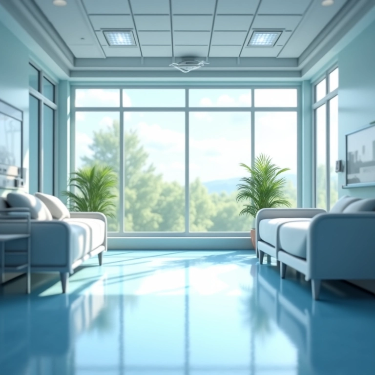 Quarto de hospital iluminado com luz natural e ventilação adequada.