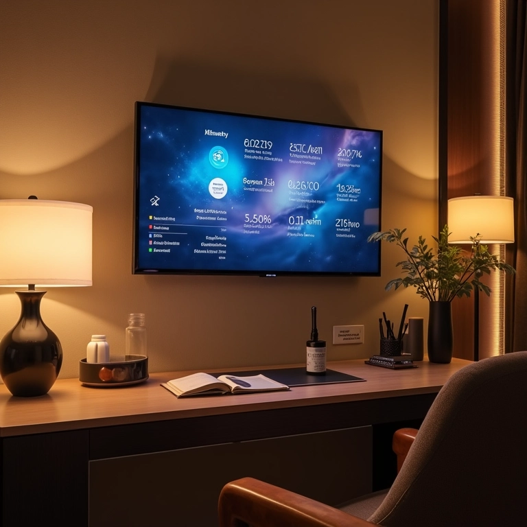 Quarto de hotel com tecnologia moderna para maior conveniência.