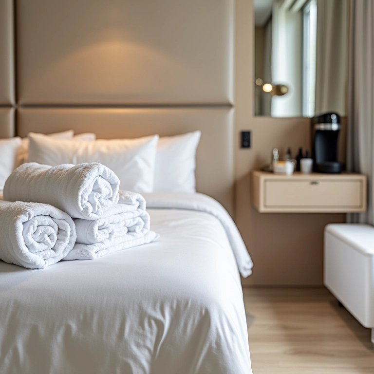 Quarto de hotel moderno exibindo comodidades como toalhas fofas e cafeteira.