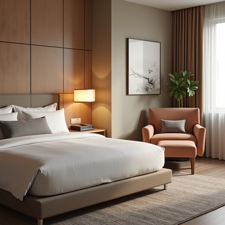 Quarto de hotel renovado com foco em conforto e bem-estar.