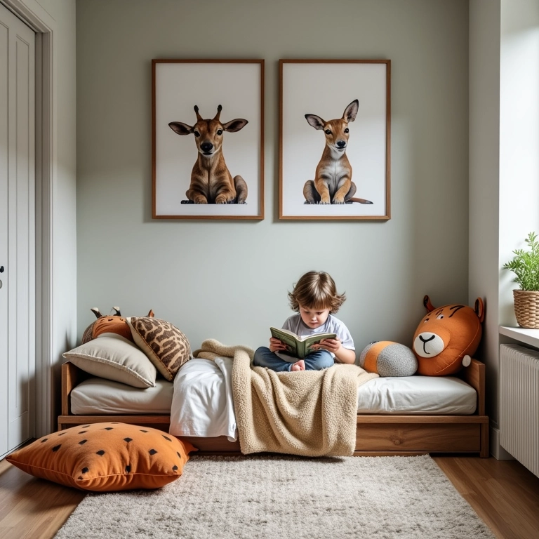 Quarto de menino com tema de animais, fotografias da vida selvagem e almofadas temáticas.