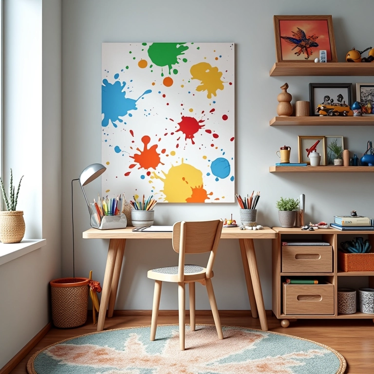 Quarto de menino com tema de arte, respingos de tinta coloridos e materiais artísticos.